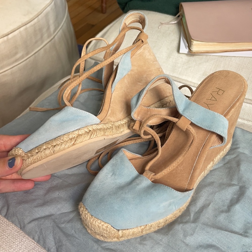 Never worn blue wedge suede Raye wedges with brown ties with frill details.